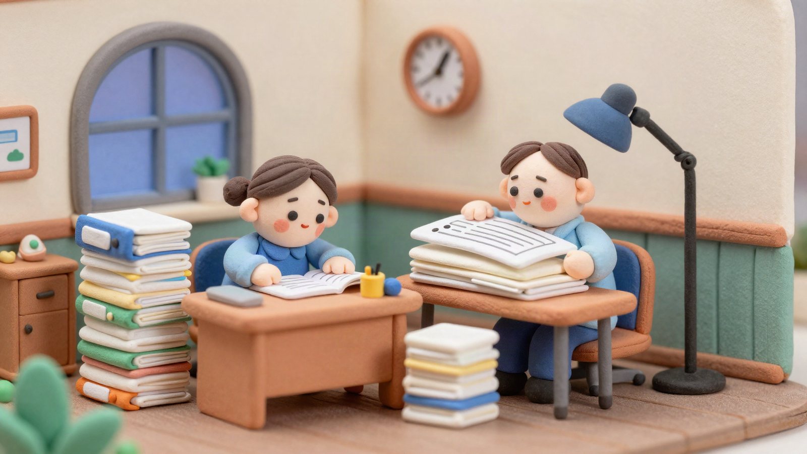 서류 더미에 묻힌 직원 — 점토 그림